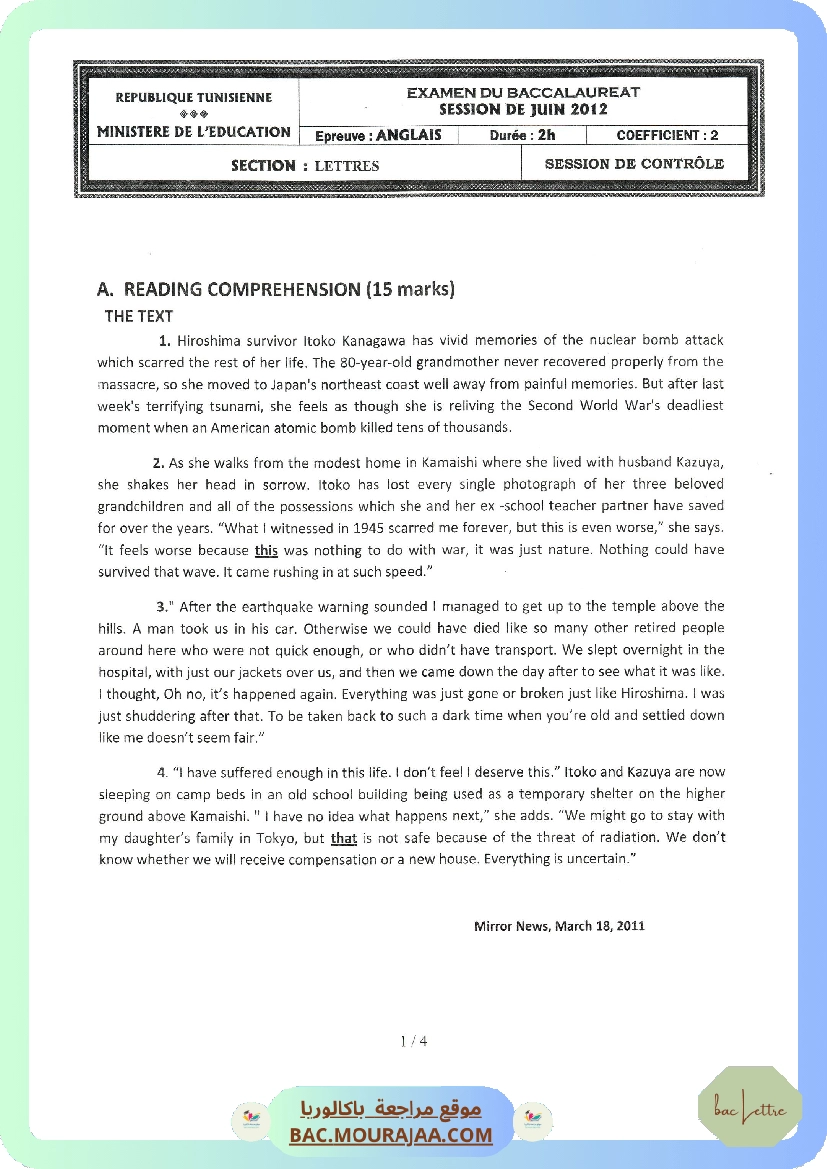 Sujet controle anglais Bac 2012 – Section lettre